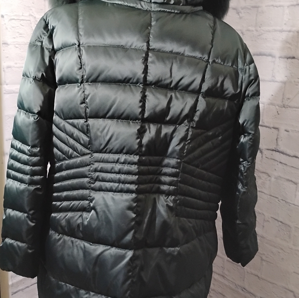 1 Madison Dark Jade Green Down Puffer Coat With Fur Trimmed Hood - Picture 10 of 12